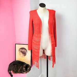 Y2K Chico's Bright Orange Crochet Fringe Cardigan